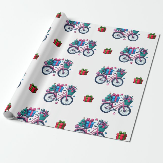 Papier Cadeau Bicyclettes de Noël Vacances Pink Bleu Cadeau (Déroulé)