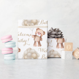 Papier Cadeau Bienvenue bébé ours en peluche brun et ballons