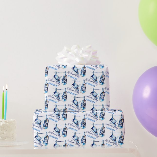 Papier Cadeau Bienvenue chaussures de sport bleu bébé personnali (Cadeaux de fête)