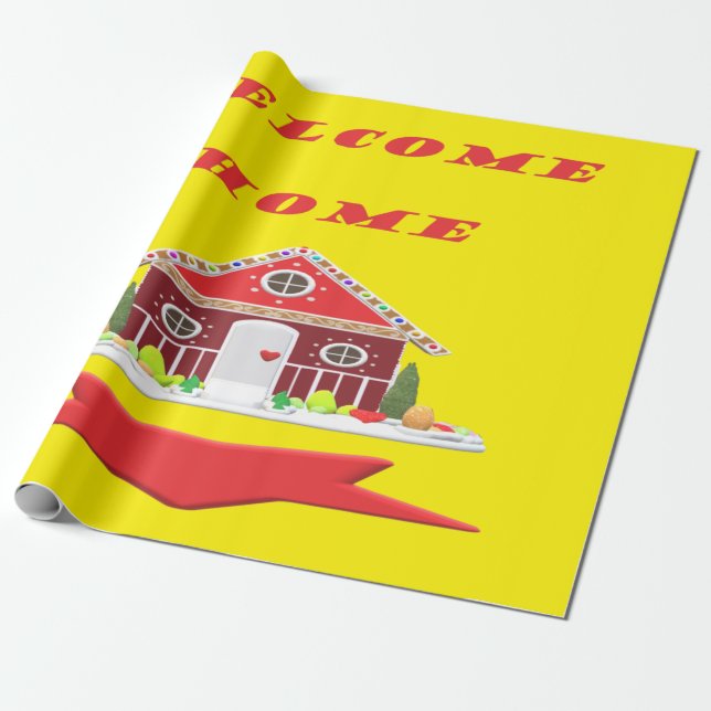 PAPIER CADEAU BIENVENUE MAISON ROUGE ET CONCEPTION JAUNE CANARIE (Déroulé)