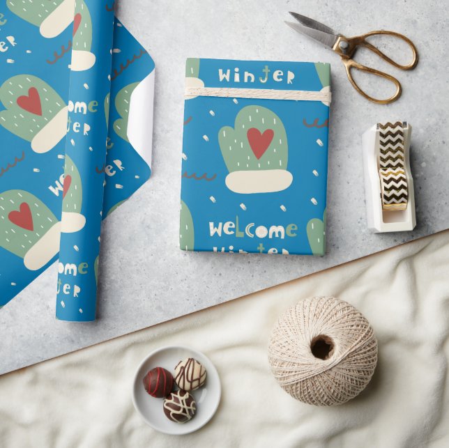 Papier Cadeau Bienvenue Whimsical Winter Blue Green Mittens Xmas (Artisanat)