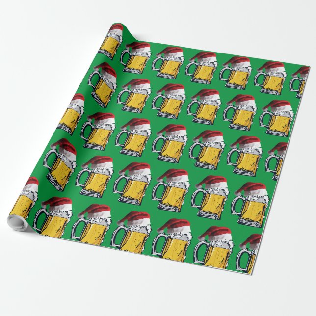 Papier Cadeau Bière avec Casquette du Père Noël pour Noël (Déroulé)