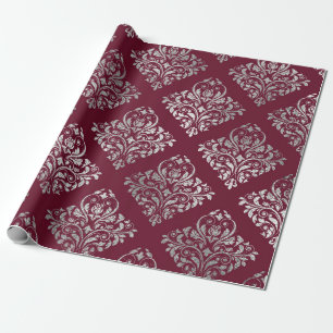 Papier Cadeau Bijoux Royal Damask Maron Bourgogne Vip Argent