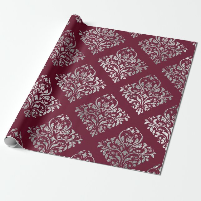 Papier Cadeau Bijoux Royal Damask Maron Bourgogne Vip Argent (Déroulé)