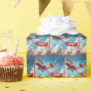 Papier Cadeau Biplane vintage avec bannière Anniversaire