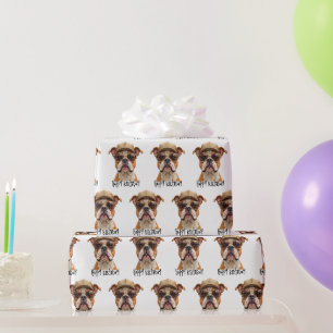Papier Cadeau Birthday Bulldog avec un Casquette et lunettes de 