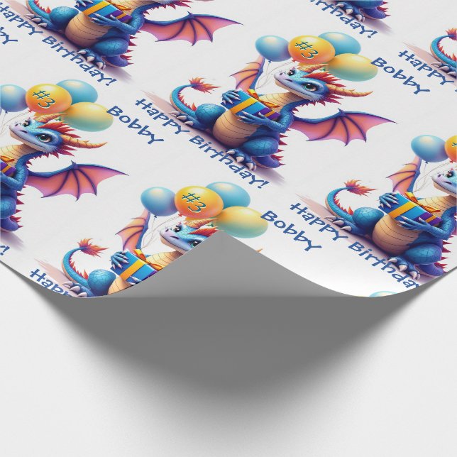 Papier Cadeau Birthday Dragon Add Name & Age (Coin)