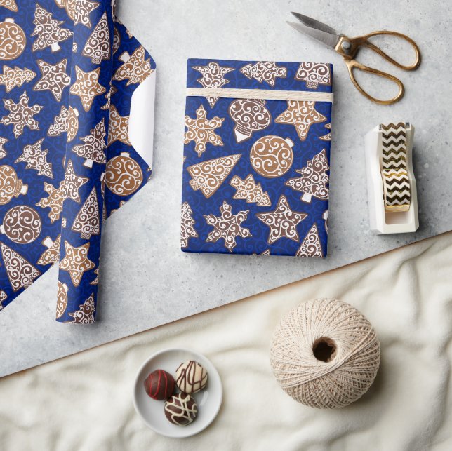 Papier Cadeau Biscuits de pain d'épice Bleu Élégant Noël (Artisanat)