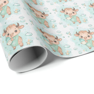Papier Cadeau Bison mignonne Bébé Pastel Motif d'aquarelle