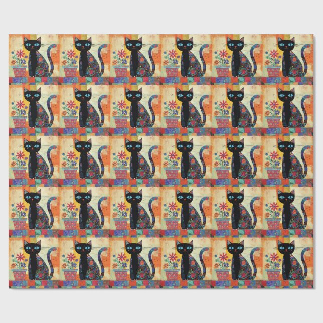 Papier Cadeau Black Cat Folk Art (Plat)