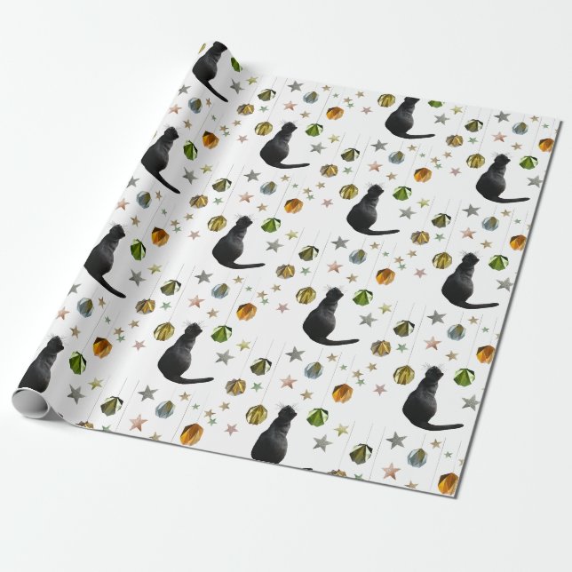 Papier Cadeau Black Cat Gold Ball et Stars Wrapper Papier (Déroulé)