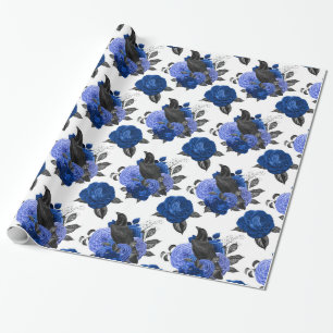 PAPIER CADEAU BLACK CROWS ROYAL BLEU ROSE FLEURS GODE