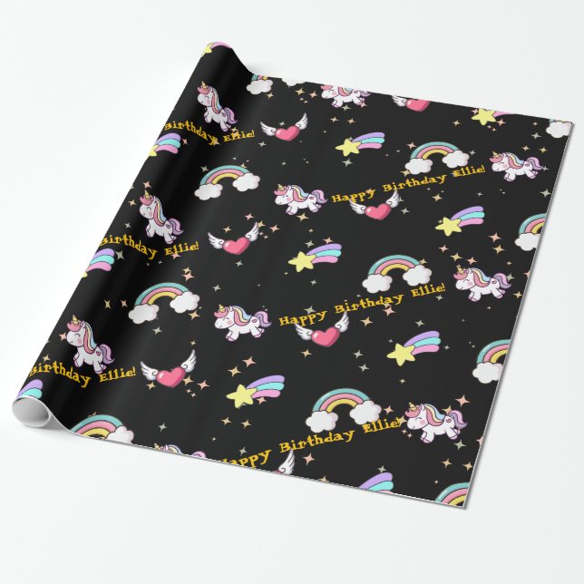 Papier Cadeau Black Cute Rainbow Unicorn Star Magique (Déroulé)