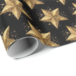 Papier Cadeau Black Elegant Gold Stars Pattern New Year winter