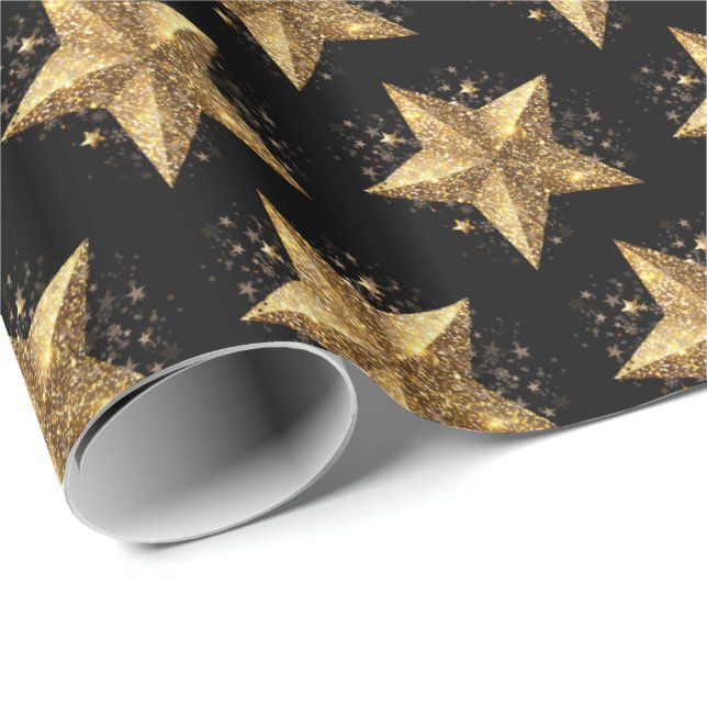 Papier Cadeau Black Elegant Gold Stars Pattern New Year winter (Coin rond)