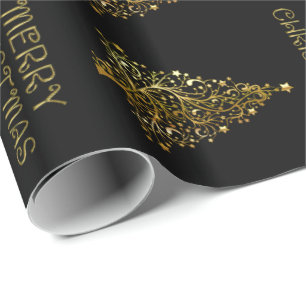 Papier Cadeau Black Gold Elegant Chic Christmas Tree Stars