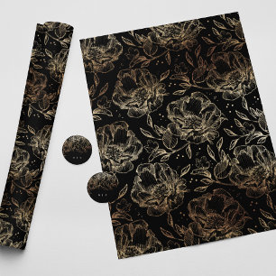 Papier Cadeau Black Gold Faux Élégant Florals Cadeau Mariage