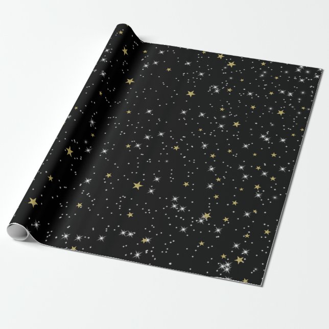Papier Cadeau Black Gold Stars Sky Sparkle fête d'anniversaire (Déroulé)