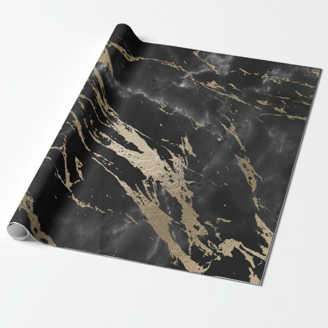 Papier Cadeau Black Graphite Deluxe Or Marbre brillant (Déroulé)