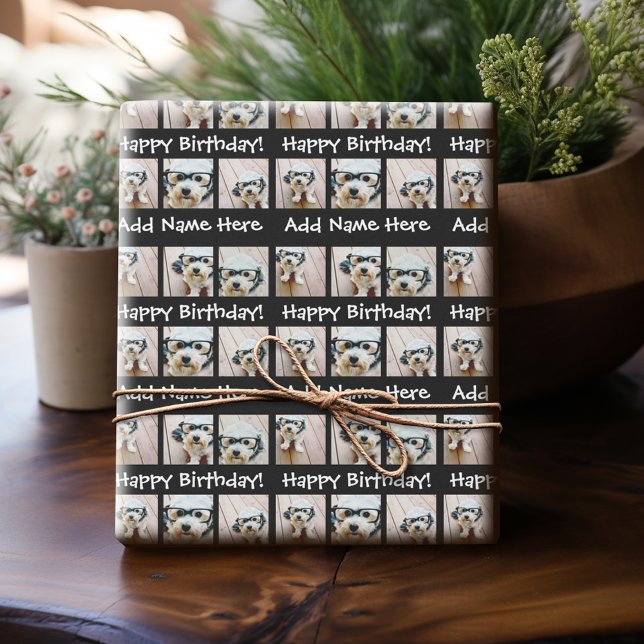 Papier Cadeau Black Happy Birthday Name 6 Carré Photo Collage (Personalized Birthday Photo Wrapping Paper)
