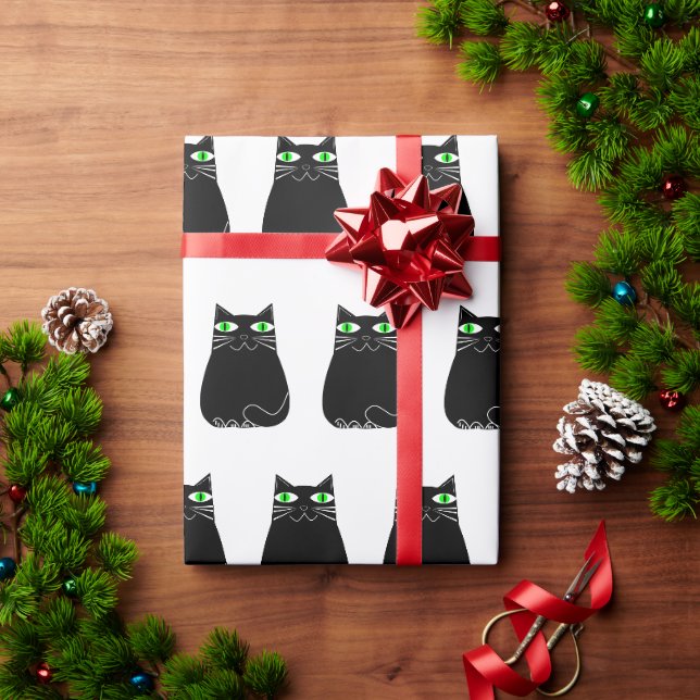 Papier Cadeau Black Kitty Green Eyes Personnalisé (Cadeau de vacances)