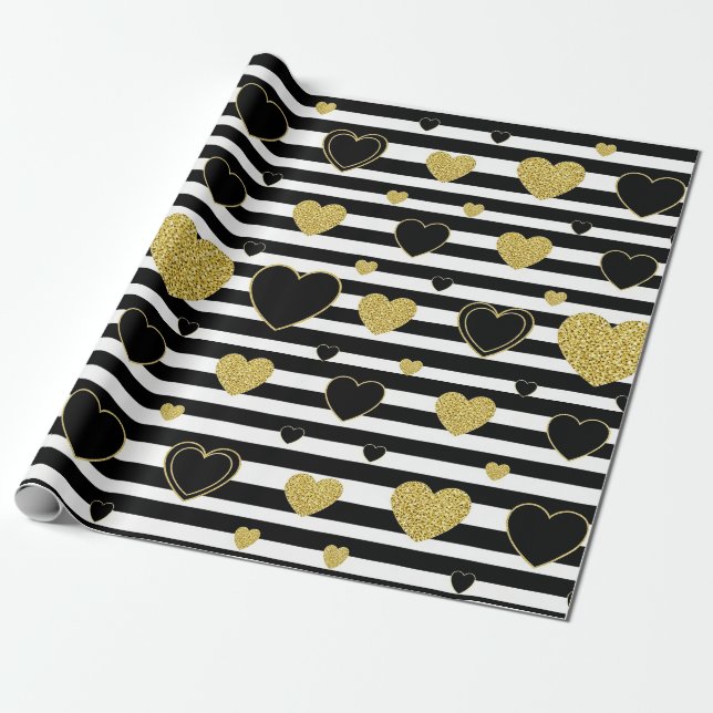 Papier Cadeau Black Stripe Gold Heart Glam Pattern (7) (Déroulé)