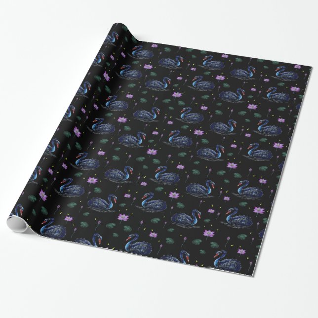 Papier Cadeau Black Swans en Motif Lily Pond (Déroulé)