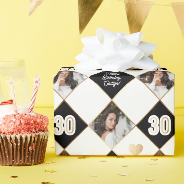 Papier Cadeau Black White & Gold Photo moderne 30e anniversaire (Fête d'anniversaire)