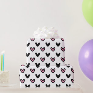 Papier Cadeau Blanc avec Coeurs rose et noir