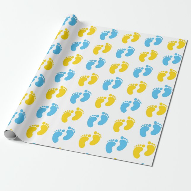 PAPIER CADEAU BLANC AVEC PIEDS BÉBÉ BLEU & JAUNE (Déroulé)
