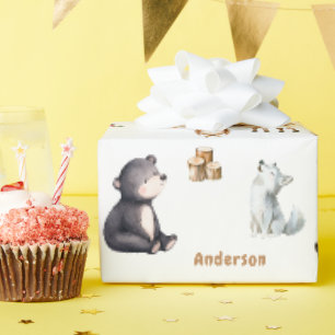 Papier cadeau blanc Baby Shower en forêt