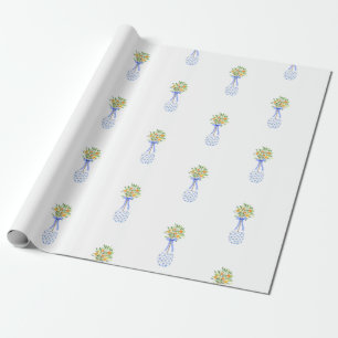 Papier Cadeau Blanc Bleu Chinoiserie Noël Orange Topiary