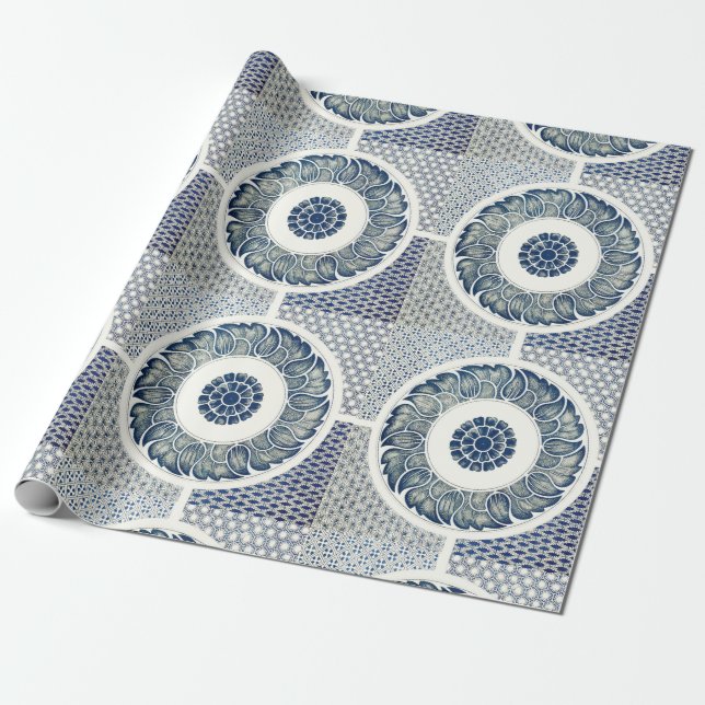 Papier Cadeau Blanc bleu Floral chinois rond (Déroulé)