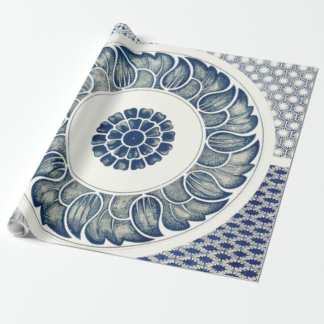 Papier Cadeau Blanc bleu Floral chinois rond (Déroulé)