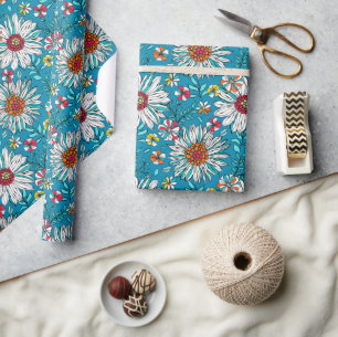 Papier Cadeau Blanc Bleu Jaune Orange Rouge Fleurs de marais Mot