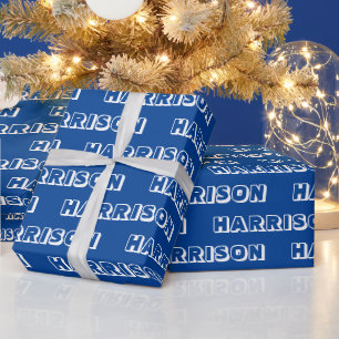 Papier Cadeau Blanc bleu moderne nom de famille texte anniversai