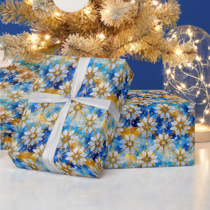Papier Cadeau Blanc Bleu Or Noël Poinsettia Snowflakes