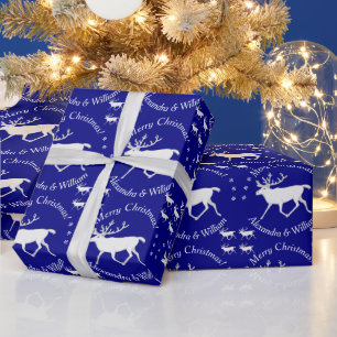 Papier Cadeau Blanc Caribou Reindee Noël Personnalisé Marine B
