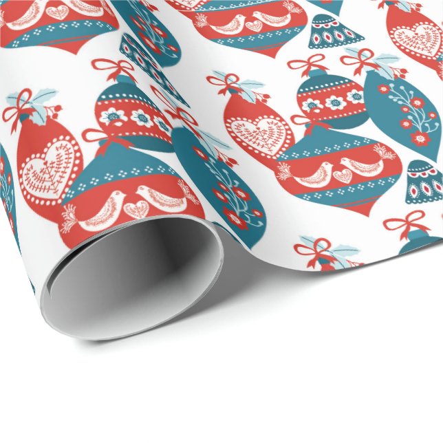 Papier Cadeau Blanc de motif scandinave de Noël et bleu rouges (Coin rond)