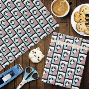 Papier Cadeau Blanc Noir Tuxedo Couvercles de chat Bleu Pink