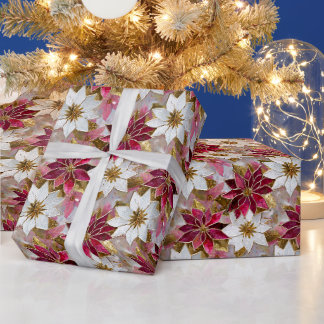 Papier Cadeau Blanc Or Bourgogne rose Poinsettias de Noël