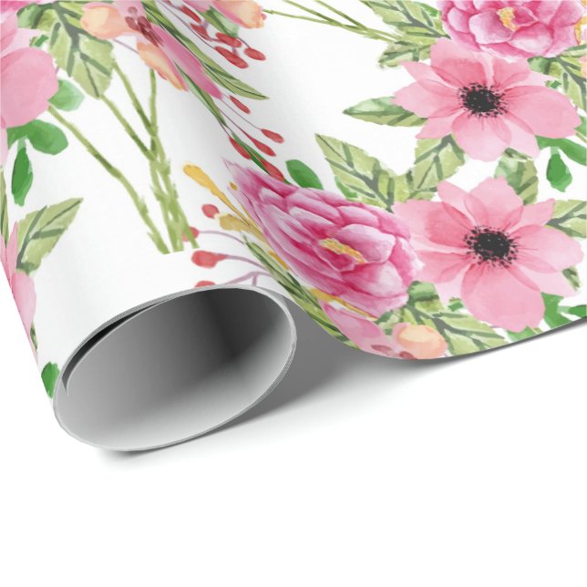 Papier Cadeau Blanc| Papier à enveloppement de fleurs roses (Coin rond)