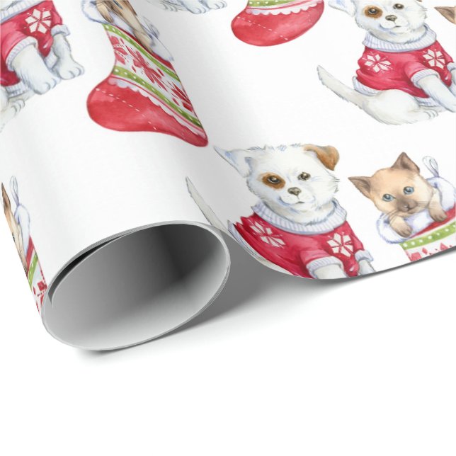 Papier Cadeau Blanc| Papier à enveloppement de Noël pour chiots  (Coin rond)