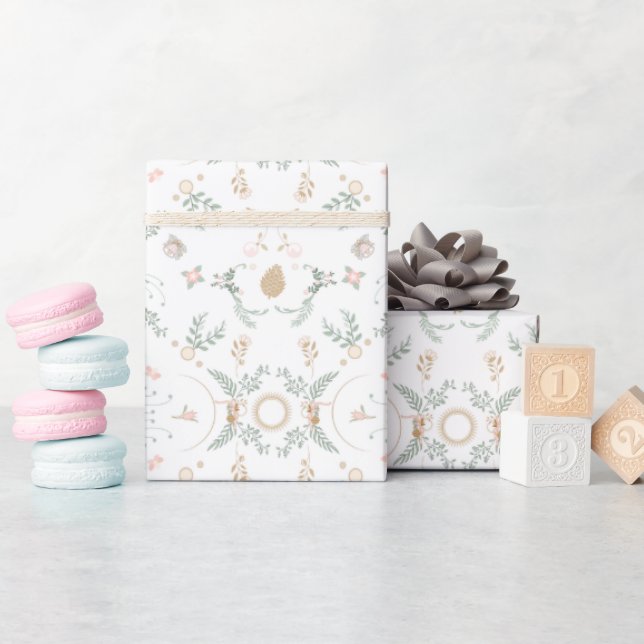 Papier Cadeau Blanc Pastel Sage & Beige Vintage Noël (Baby Shower)