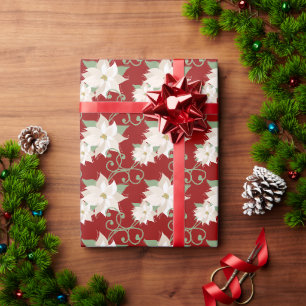 Papier Cadeau Blanc Poinsettia Motifs torrents Rouge Noël
