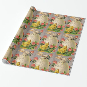 PAPIER CADEAU BLANC, POULET, FLEURS ROSES ET OEUF DE PÂQUES