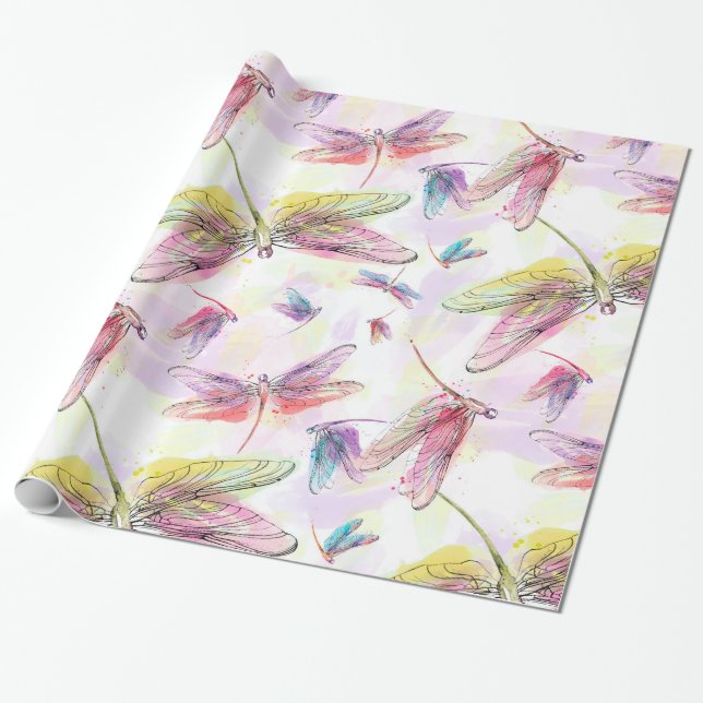 Papier Cadeau Blanc rose de jaune de lavande de libellules (Déroulé)