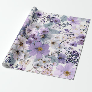 Papier Cadeau Blanc Rustique Fleurs Botaniques Violettes Floral