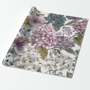 Papier Cadeau Blanc Rustique Fleurs Botaniques Violettes Floral