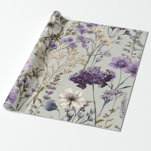 Papier Cadeau Blanc Rustique Fleurs Botaniques Violettes Floral
